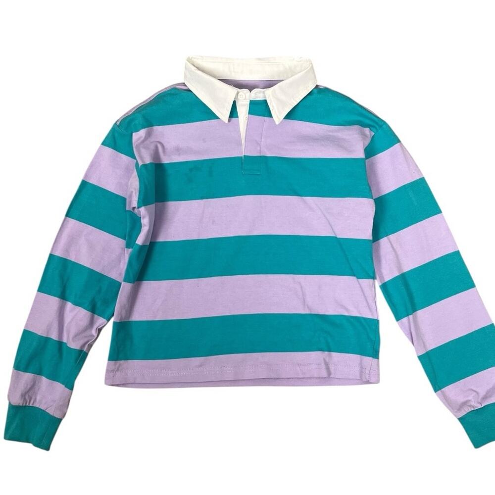 Lands End Striped Rugby Shirt Kids Large 10/12 Purple Teal Long Sleeve Polo Top